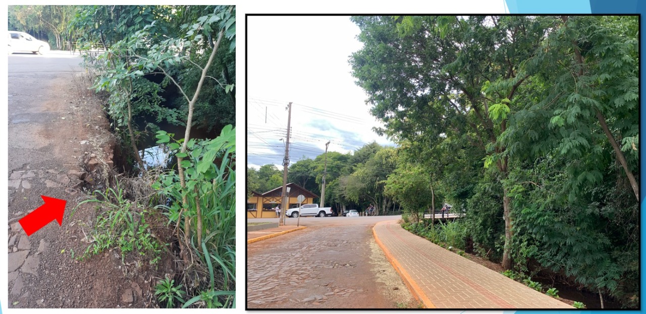 Projetos de revitalização ao lado de um córrego no centro da cidade